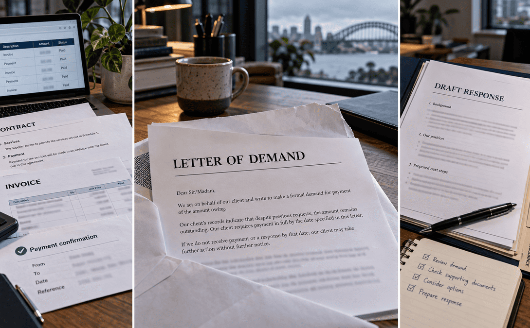 Alt text: Letter of demand, supporting documents and draft response on desk