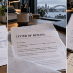 Alt text: Letter of demand, supporting documents and draft response on desk