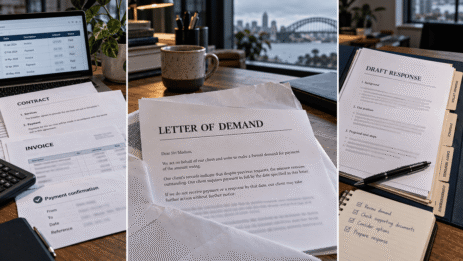 Alt text: Letter of demand, supporting documents and draft response on desk