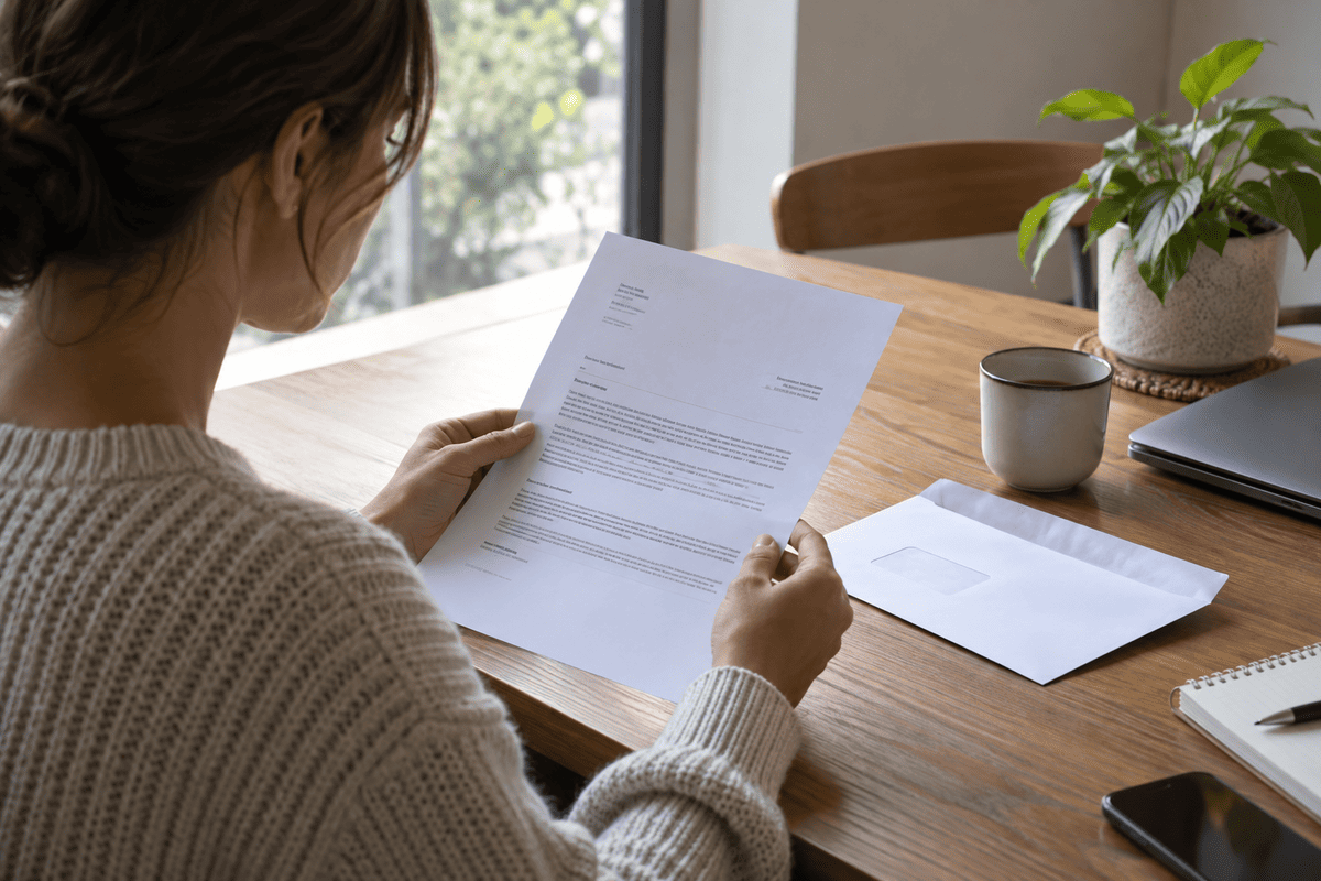 Person reviewing a formal letter at a home-office desk