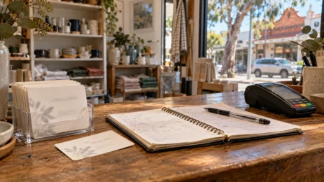 Referral cards and a notebook on an Australian shop counter.