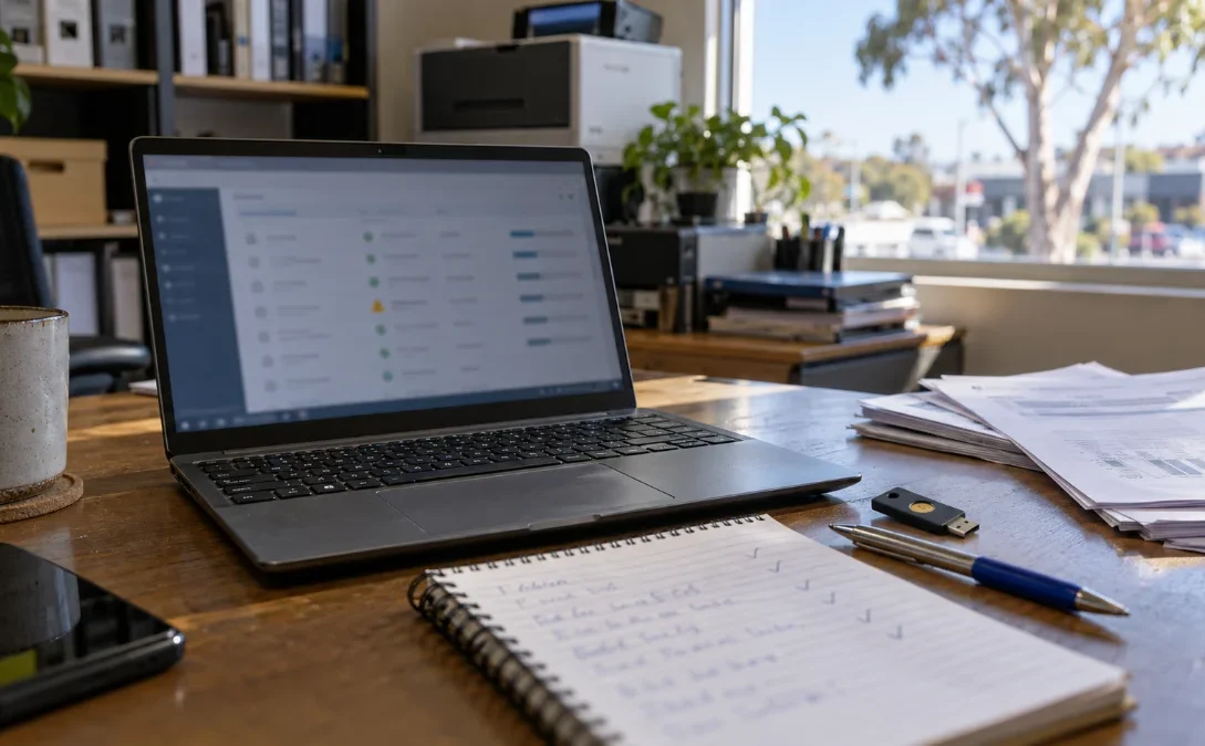 Laptop showing backup status beside review notes and a security key.