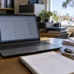Laptop showing backup status beside review notes and a security key.