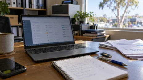 Laptop showing backup status beside review notes and a security key.